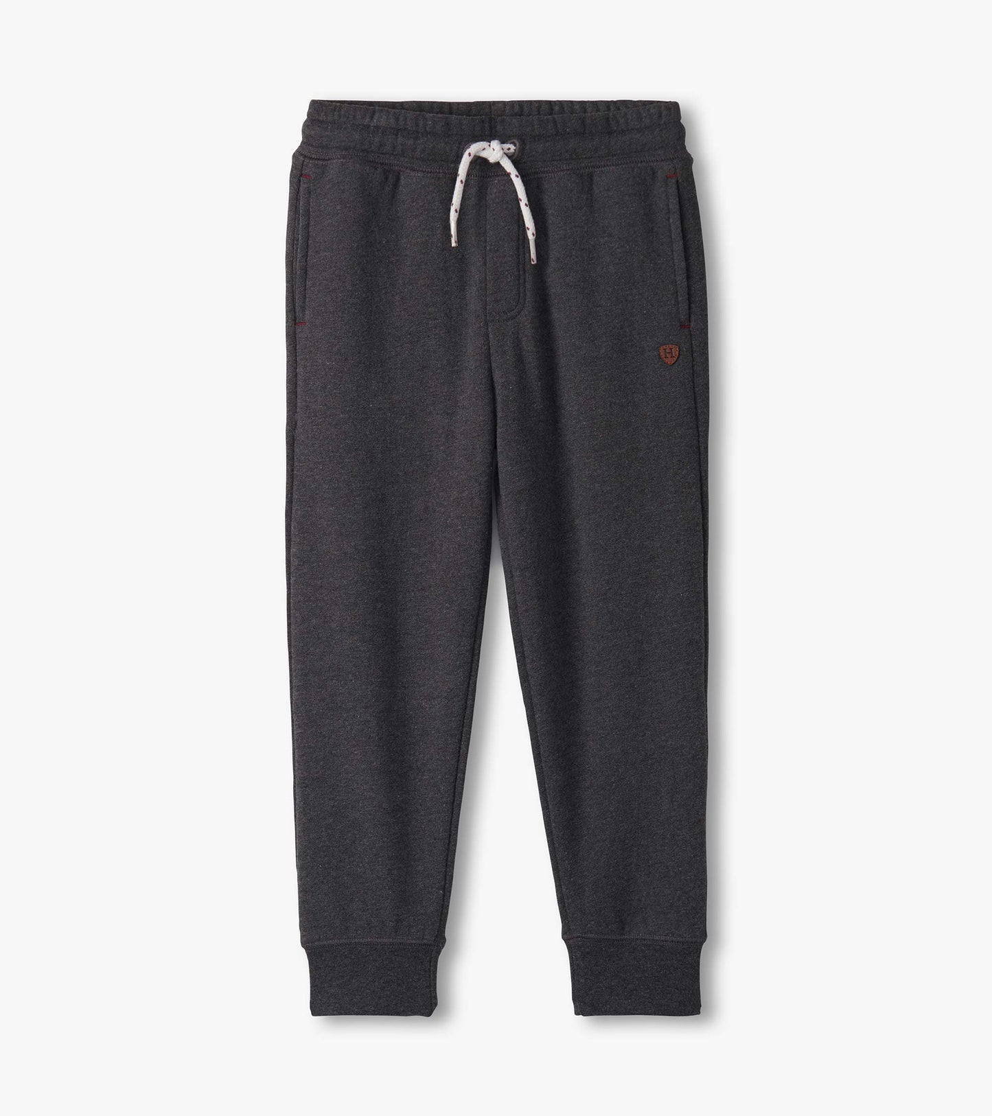 Charcoal melange joggers with an elastic waistband, drawstring, and side pockets, designed for boys.