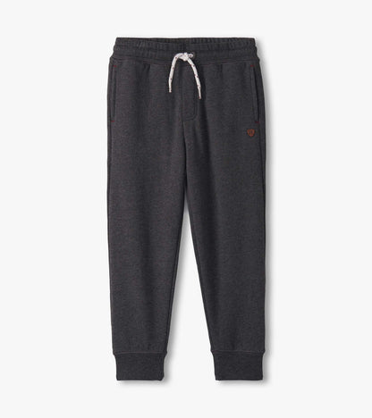 Charcoal melange joggers with an elastic waistband, drawstring, and side pockets, designed for boys.