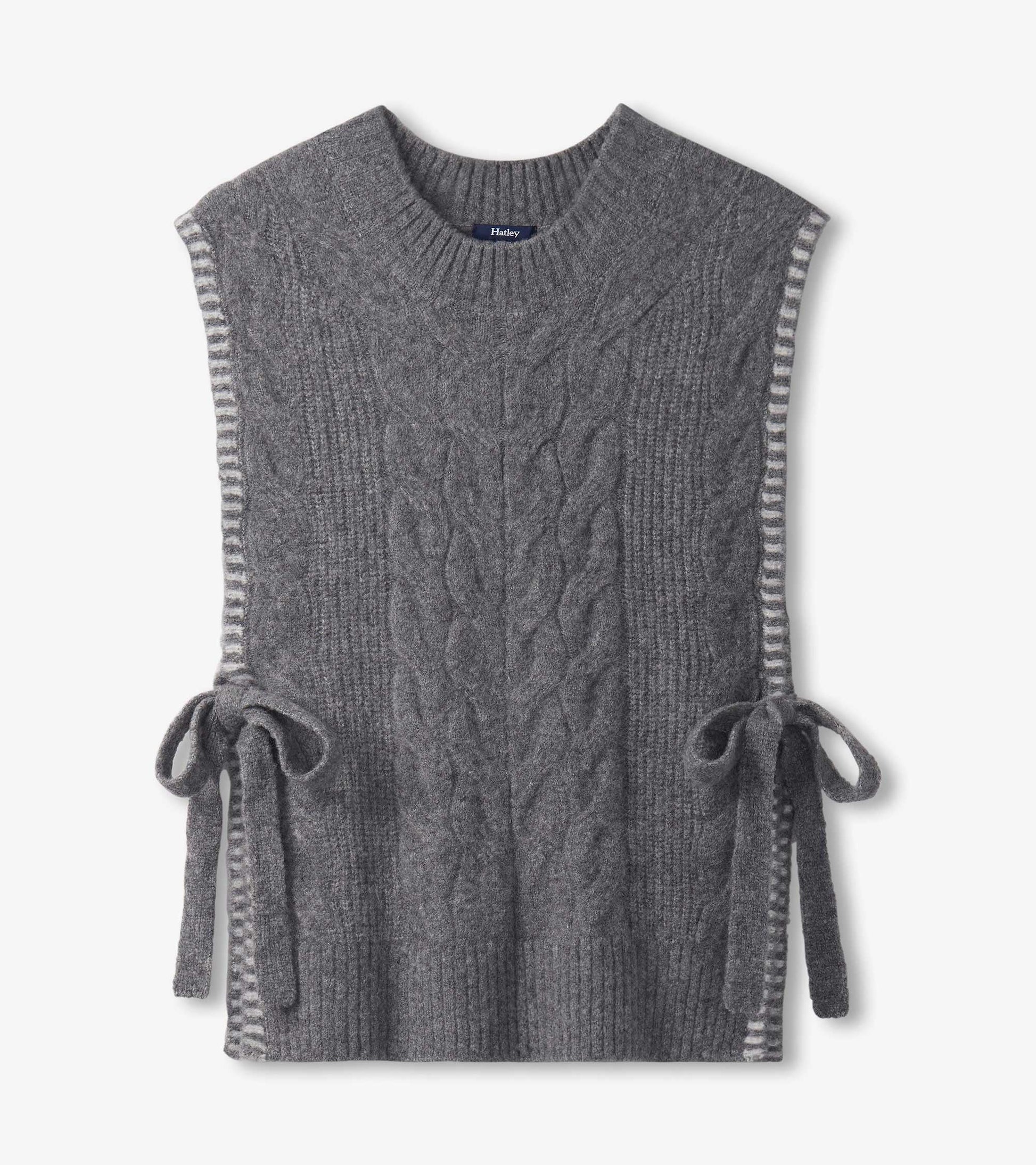 Charcoal melange side-tie sweater vest with cable knit pattern and striped trim, featuring a crew neckline.
