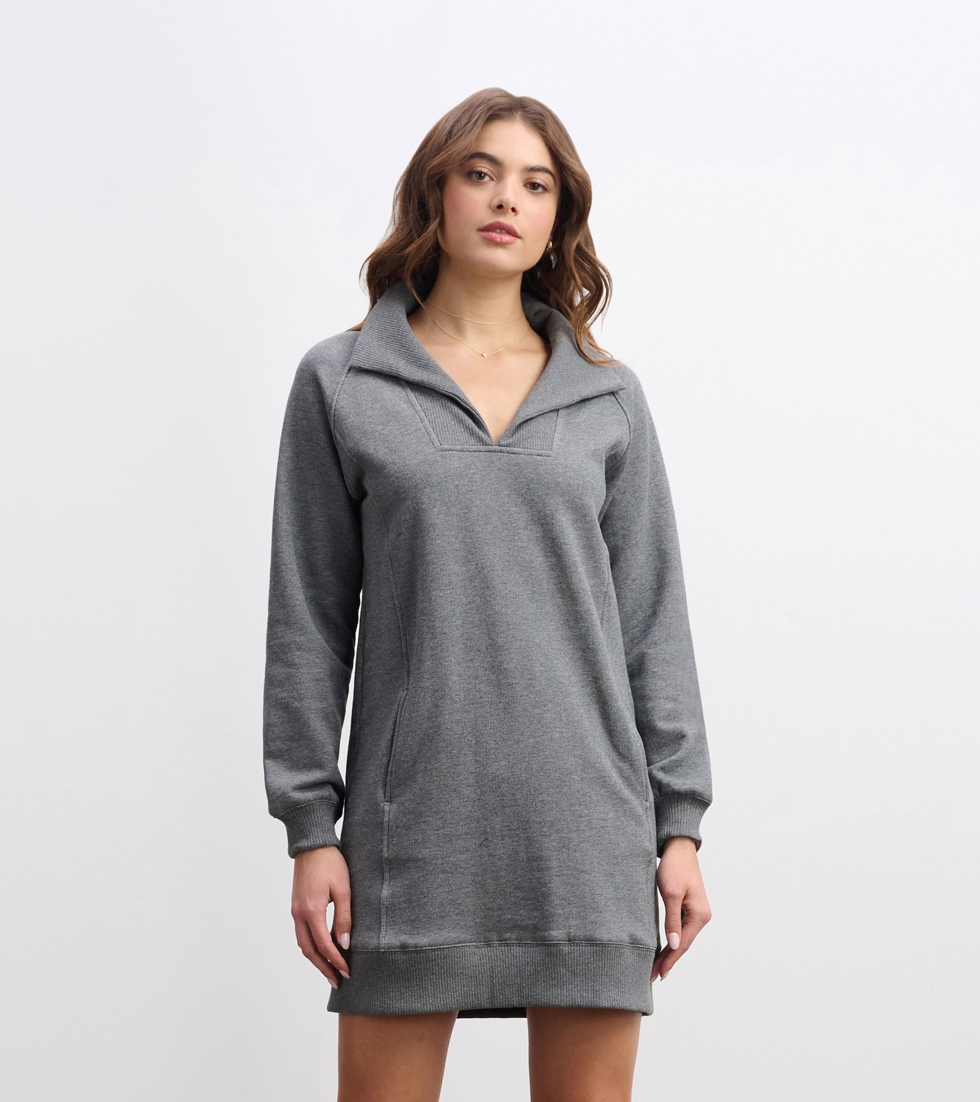 Charcoal melange dress with a notch neck, long sleeves, and side pockets, designed for casual wear.