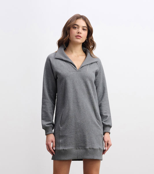 Charcoal melange dress with a notch neck, long sleeves, and side pockets, designed for casual wear.