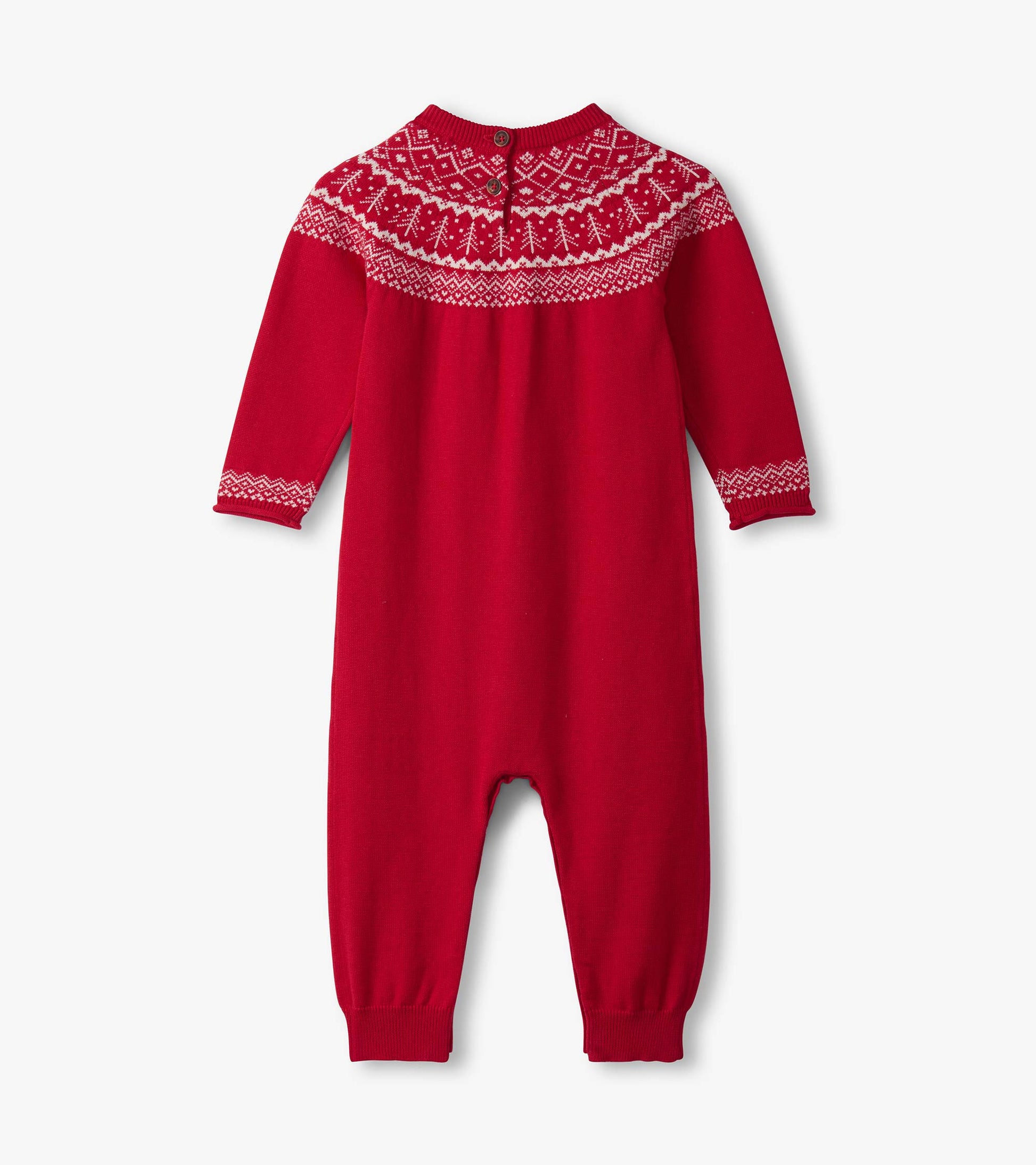 Red Fair Isle sweater romper with long sleeves and button closure at the back, featuring a festive patterned yoke.