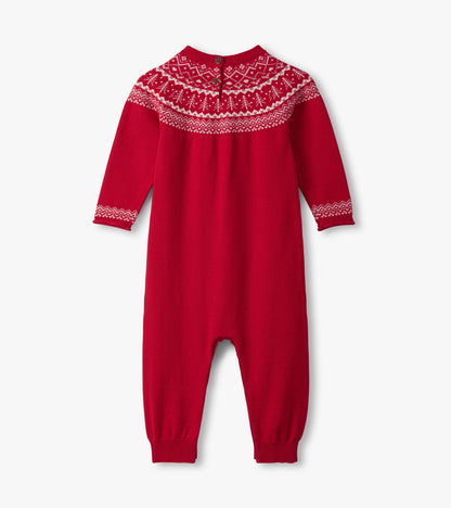 Red Fair Isle sweater romper with long sleeves and button closure at the back, featuring a festive patterned yoke.