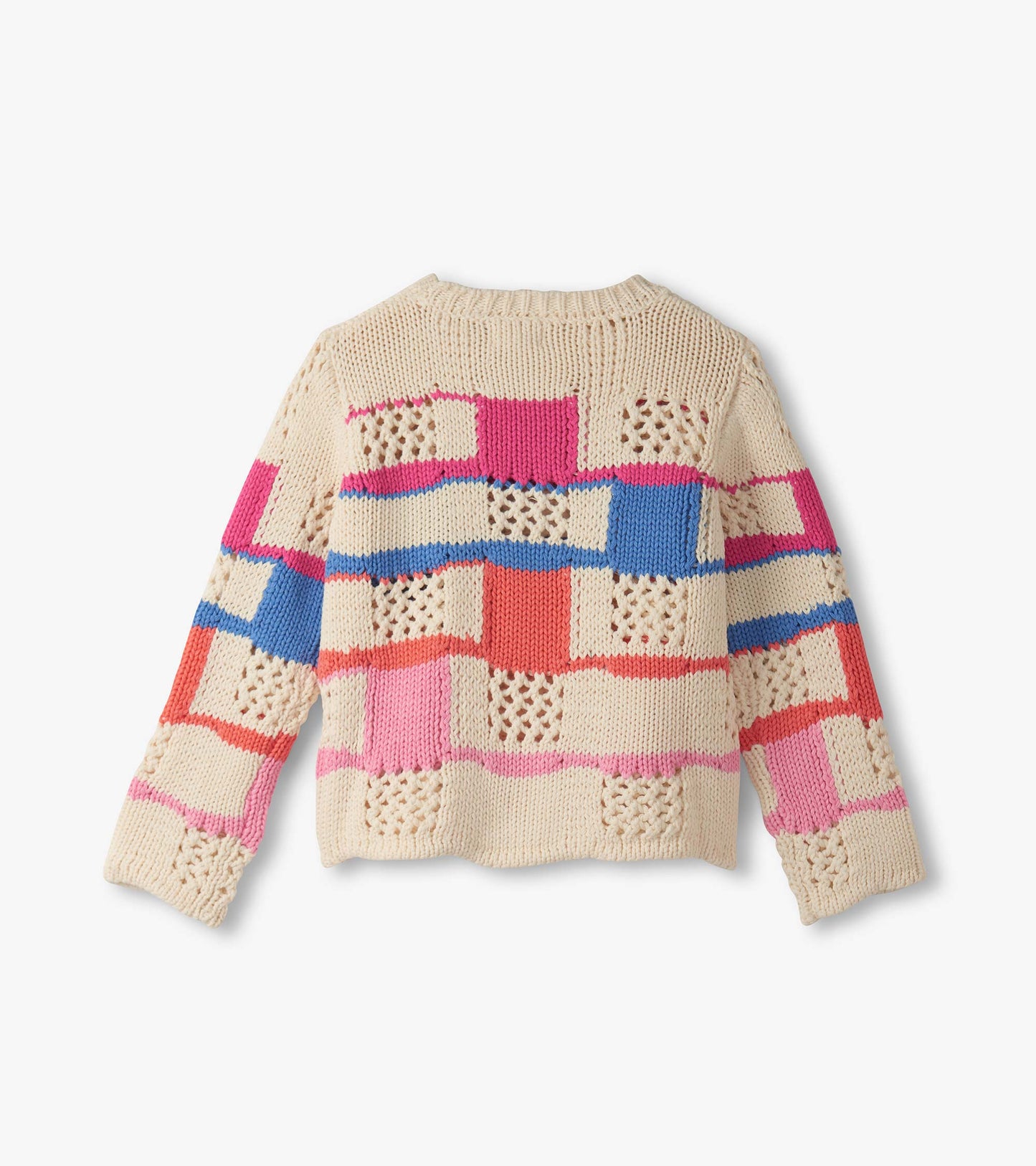 Cream-colored sweater with a mix of colorful patchwork patterns and open knit details, featuring long sleeves and a round ne…