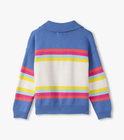 Colorblock sweater featuring blue, white, and vibrant stripes in pink, yellow, and aqua, with a Johnny collar design.