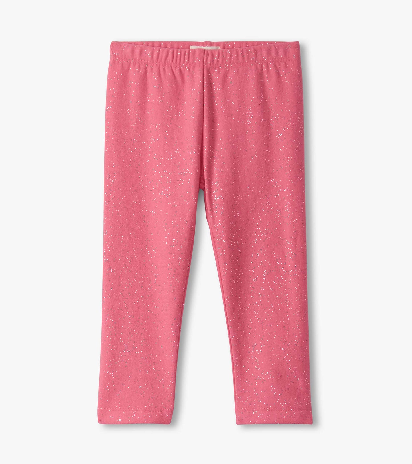 Pink cozy leggings with a sparkly pattern, featuring an elastic waistband for baby and toddler girls.