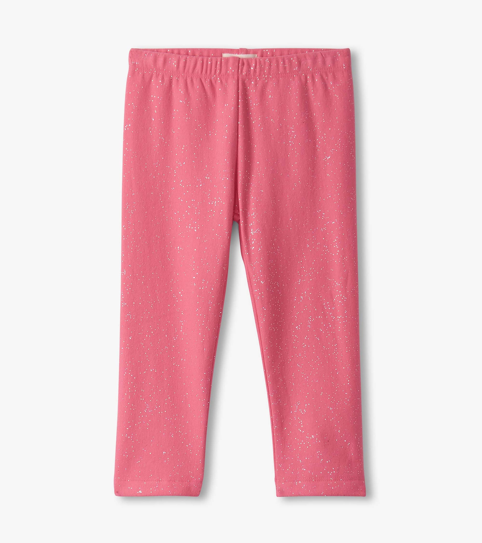 Pink cozy leggings with a sparkly pattern, featuring an elastic waistband for baby and toddler girls.