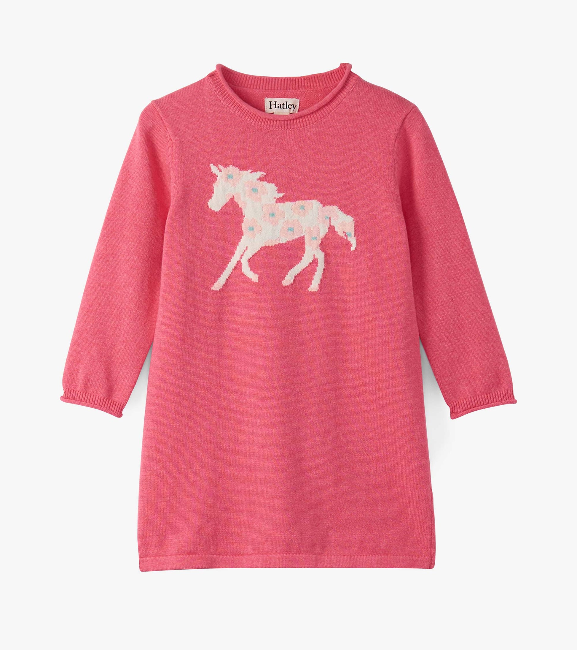 Pink sweater dress featuring a white horse design, long sleeves, and a round neckline, suitable for baby and toddler girls.