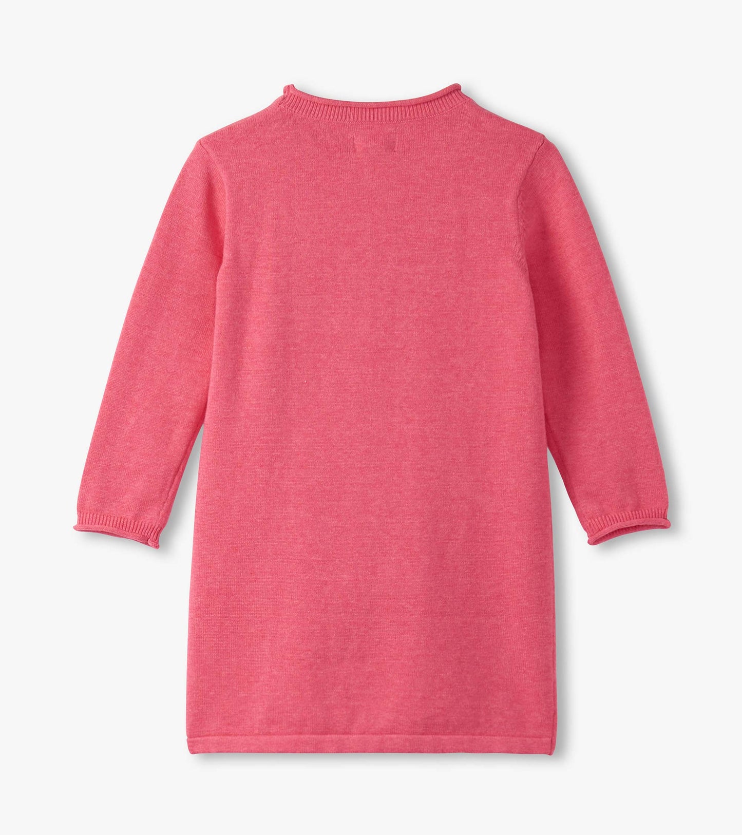 Pink long-sleeve sweater dress with a classic shape and ribbed neckline, suitable for baby and toddler girls.