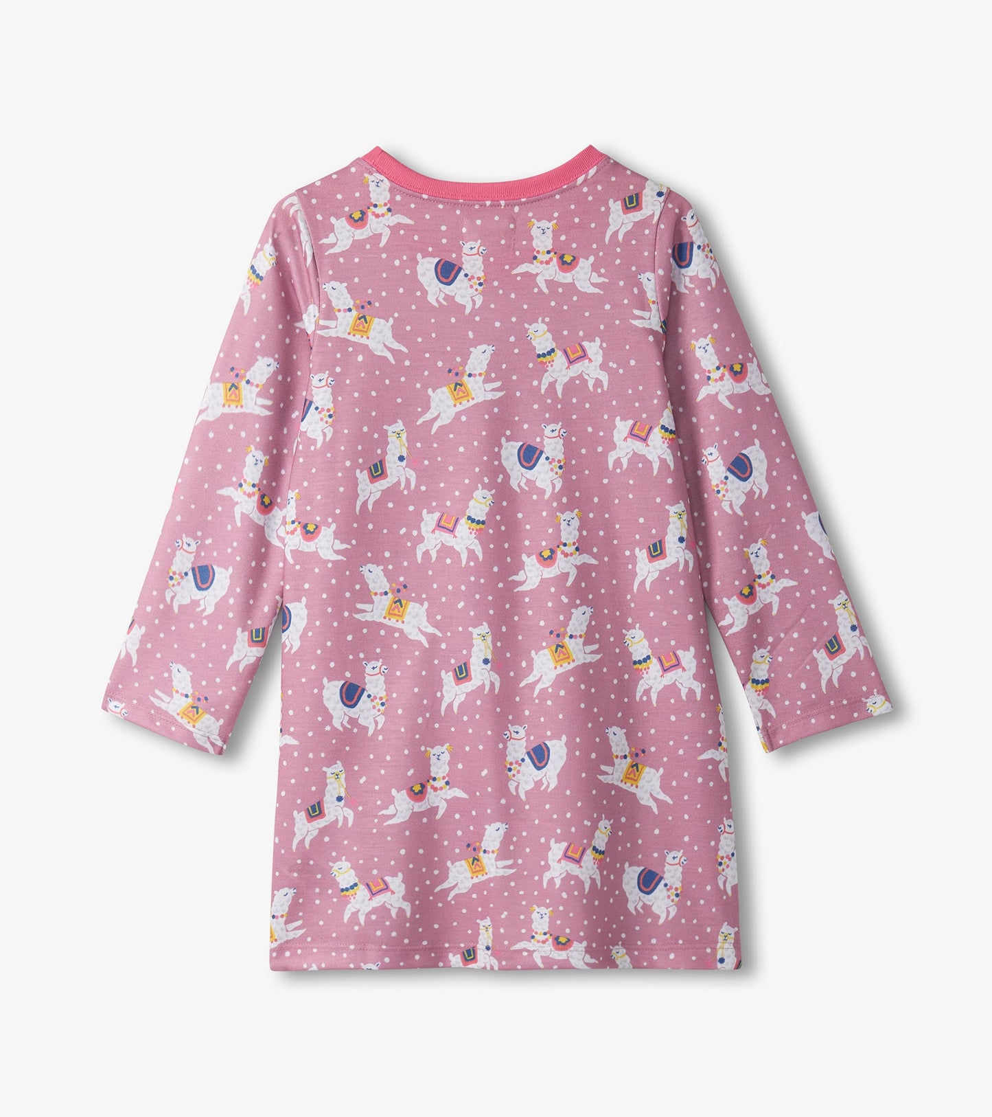 Pink long sleeve nightdress featuring a playful alpaca print and polka dots, ideal for girls' sleepwear.