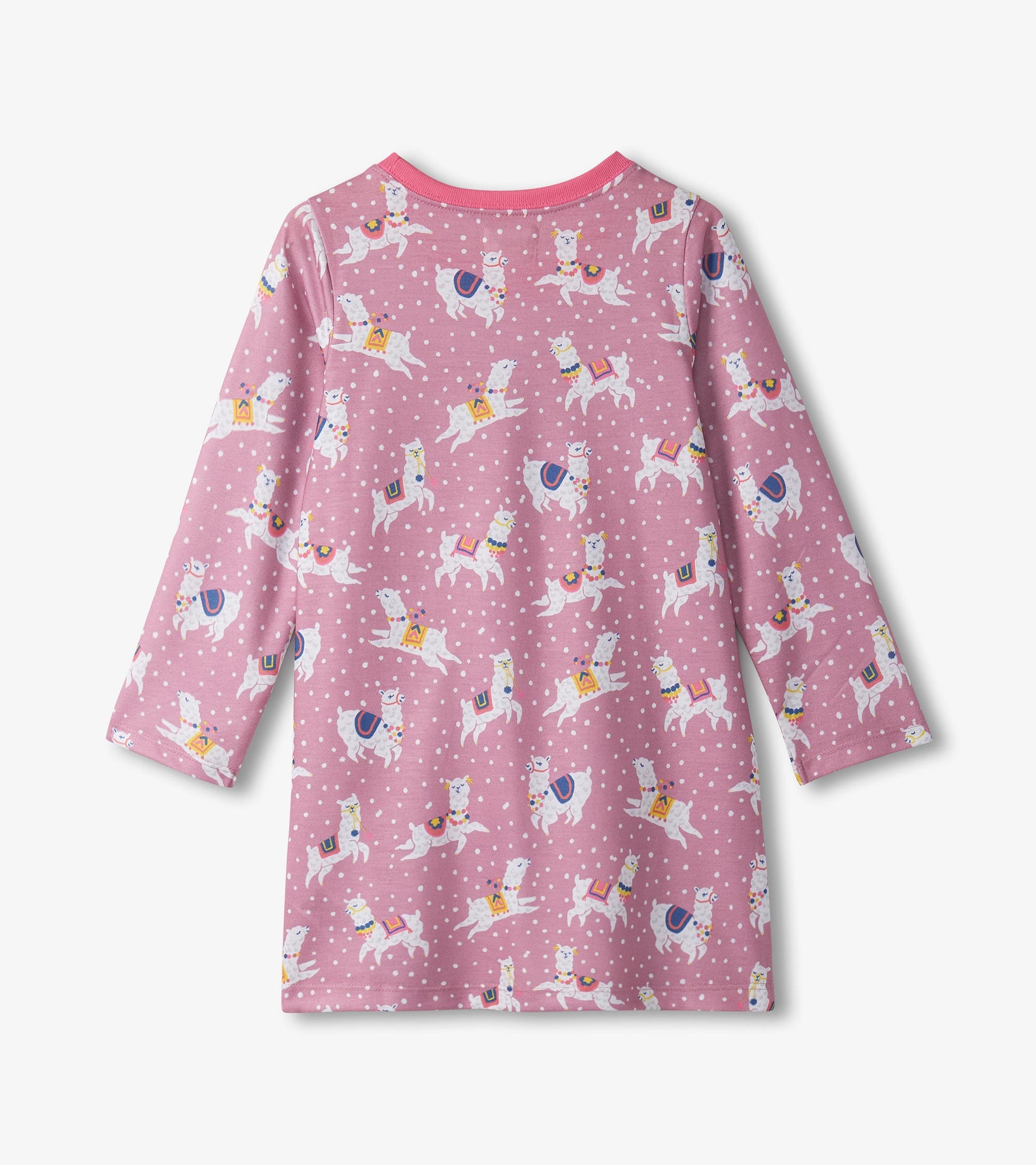 Pink long sleeve nightdress featuring a playful alpaca print and polka dots, ideal for girls' sleepwear.