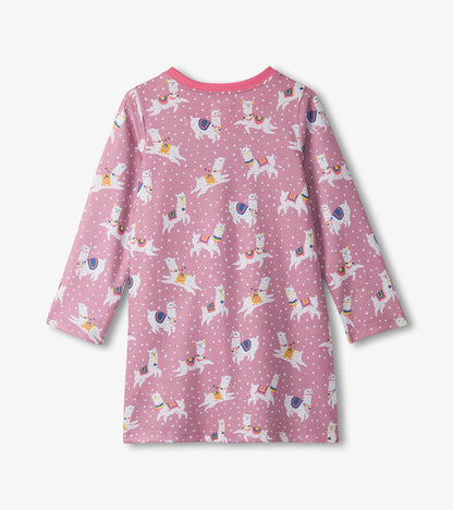 Pink long sleeve nightdress featuring a playful alpaca print and polka dots, ideal for girls' sleepwear.
