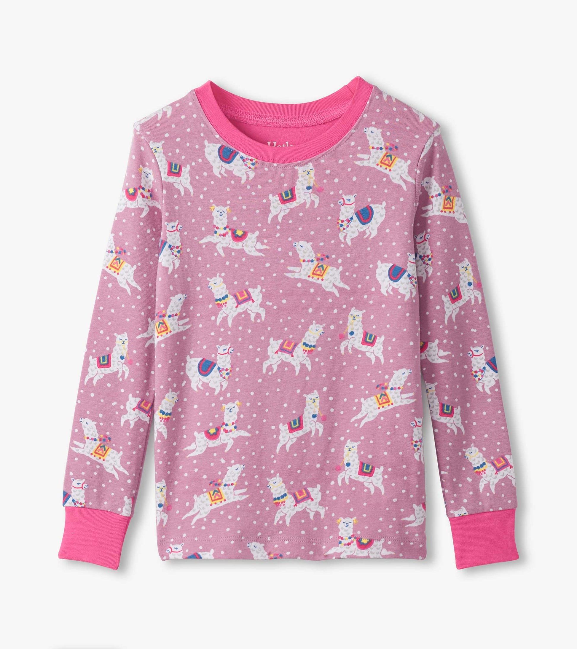 Pink cotton pajama top featuring playful dancing alpacas and polka dots, with long sleeves and a bright pink neckline.