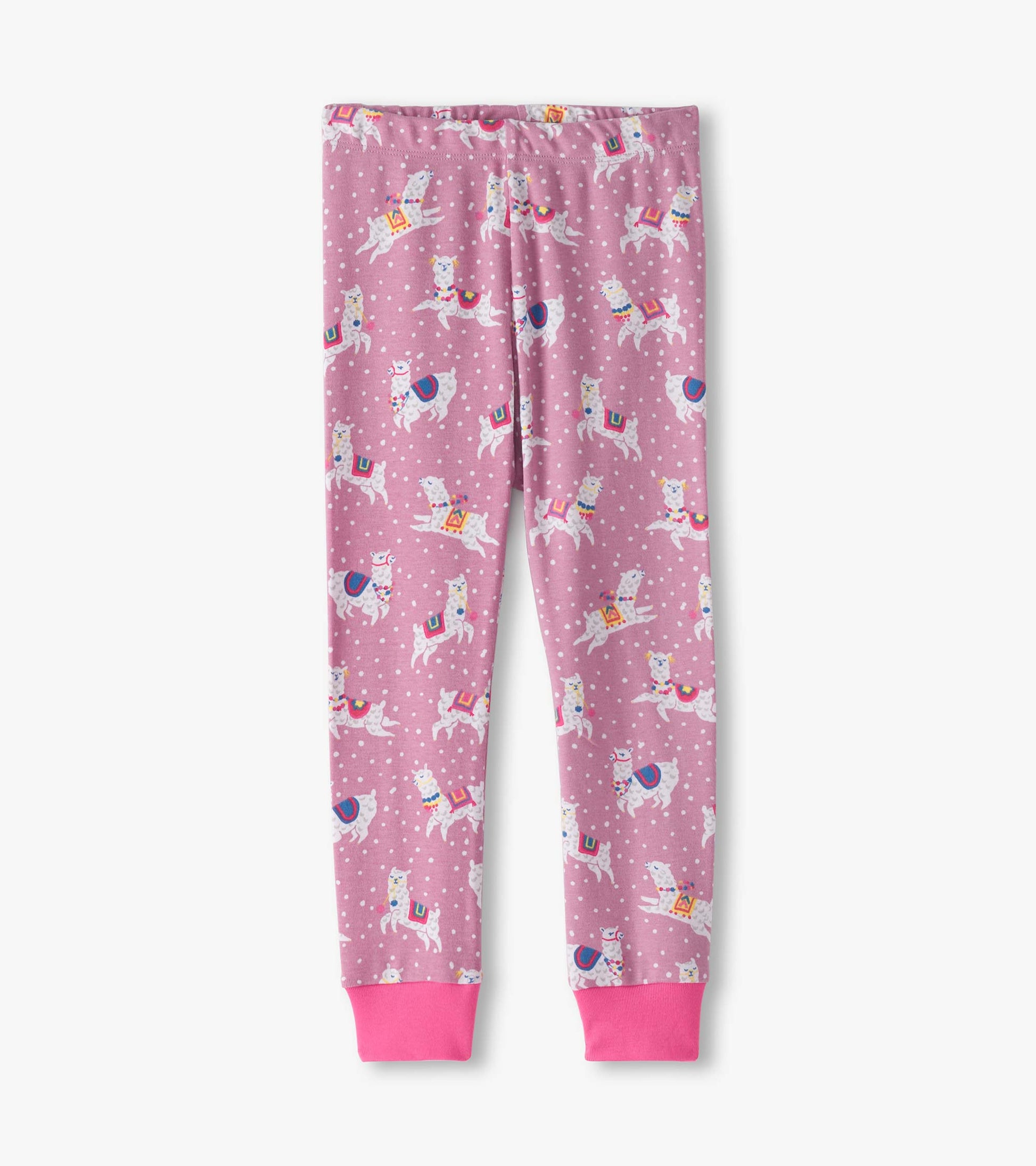 Pink cotton pajama pants featuring a playful alpaca pattern and polka dots, with elastic waistband and pink cuffs.