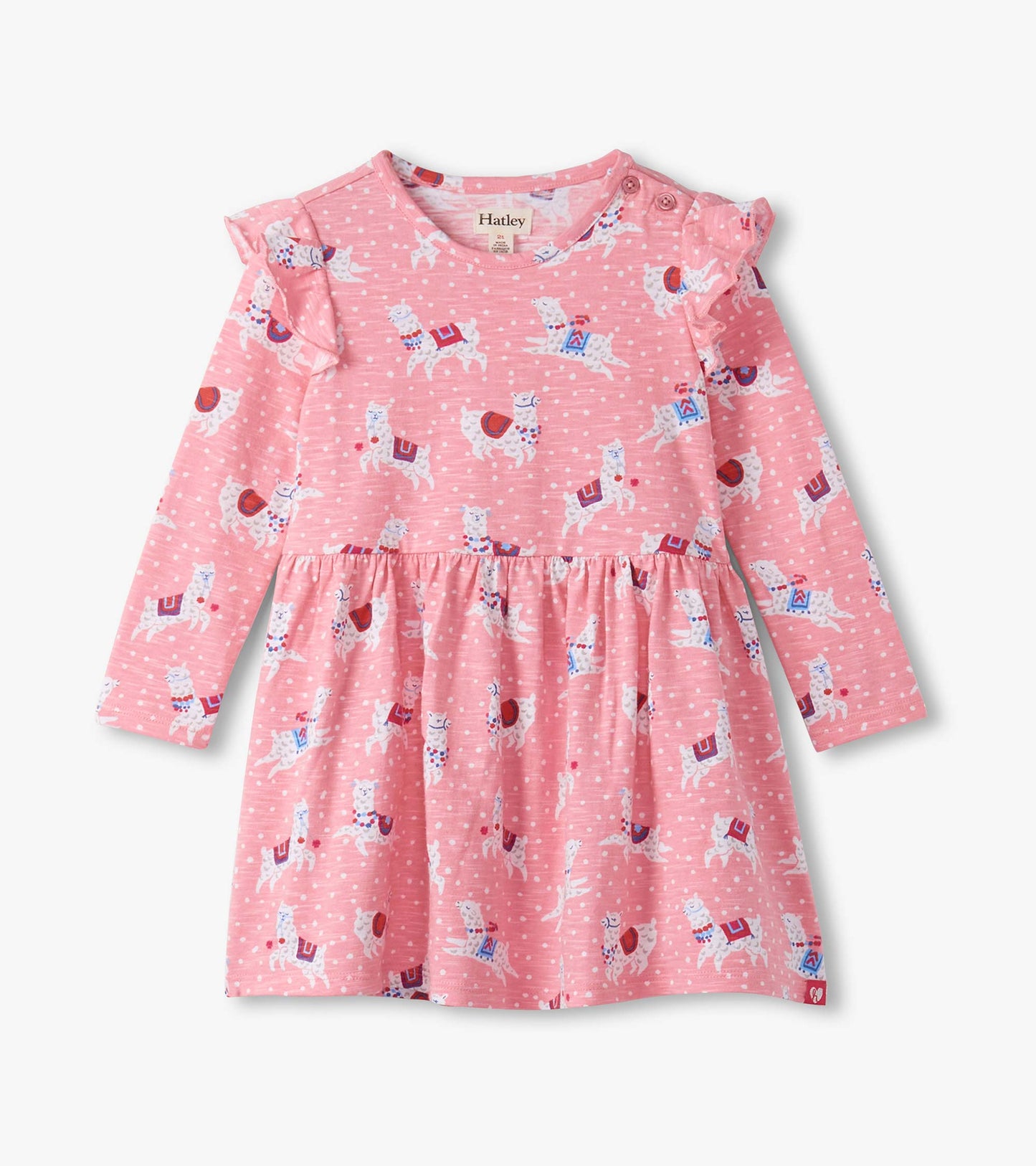 Pink long-sleeve dress featuring ruffle sleeves and a playful alpaca print, with a gathered skirt for a cute look.