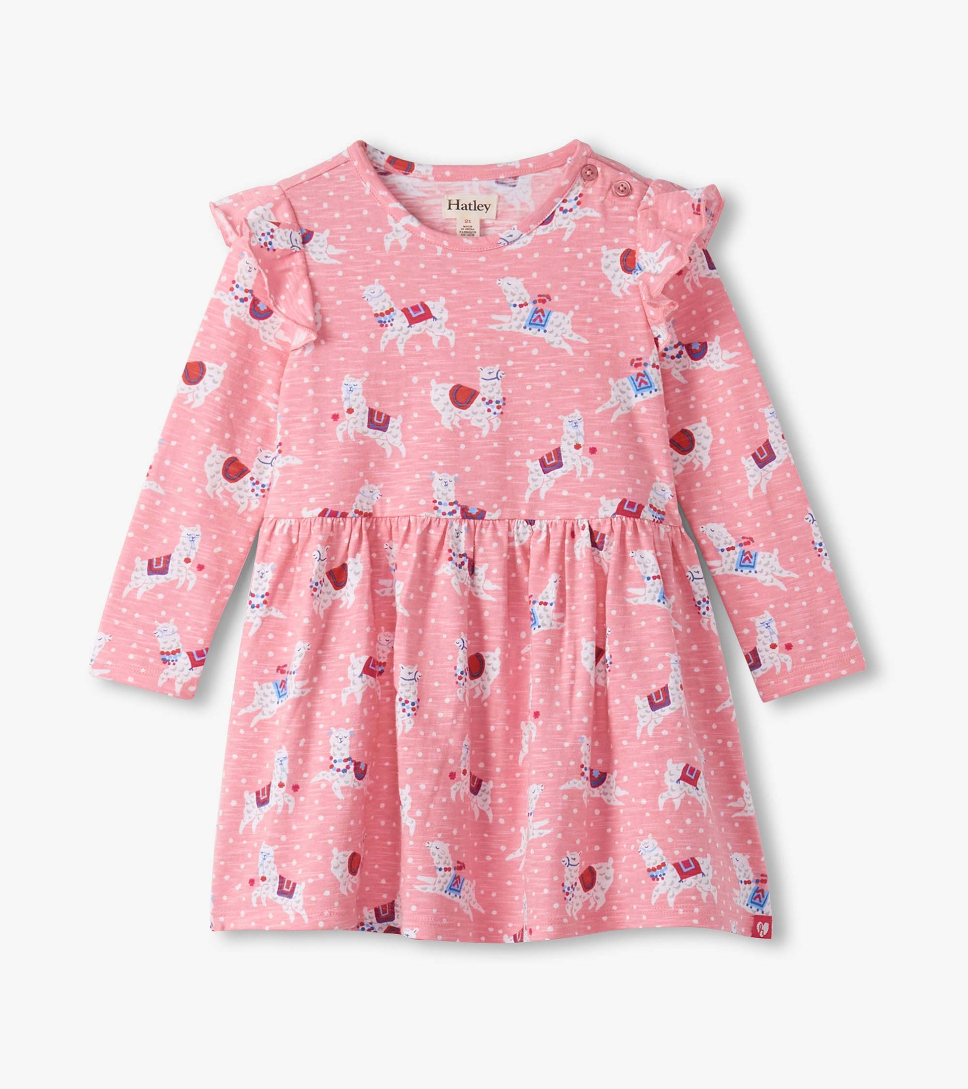 Pink long-sleeve dress featuring ruffle sleeves and a playful alpaca print, with a gathered skirt for a cute look.