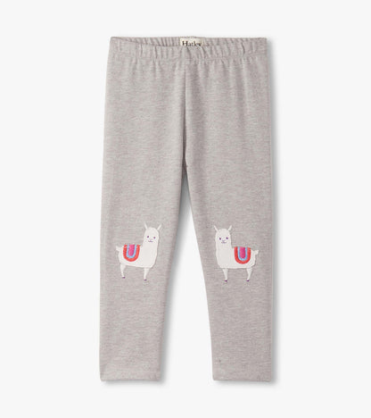 Gray leggings featuring cute embroidered alpacas on the sides, designed for baby and toddler girls.