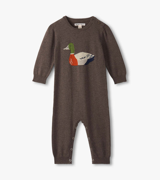 Brown sweater romper featuring a colorful duck design, long sleeves, and snap closures at the bottom for easy dressing.