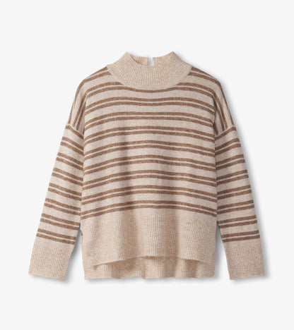 Mock neck sweater in camel with horizontal double stripes, featuring a relaxed fit and ribbed hem.