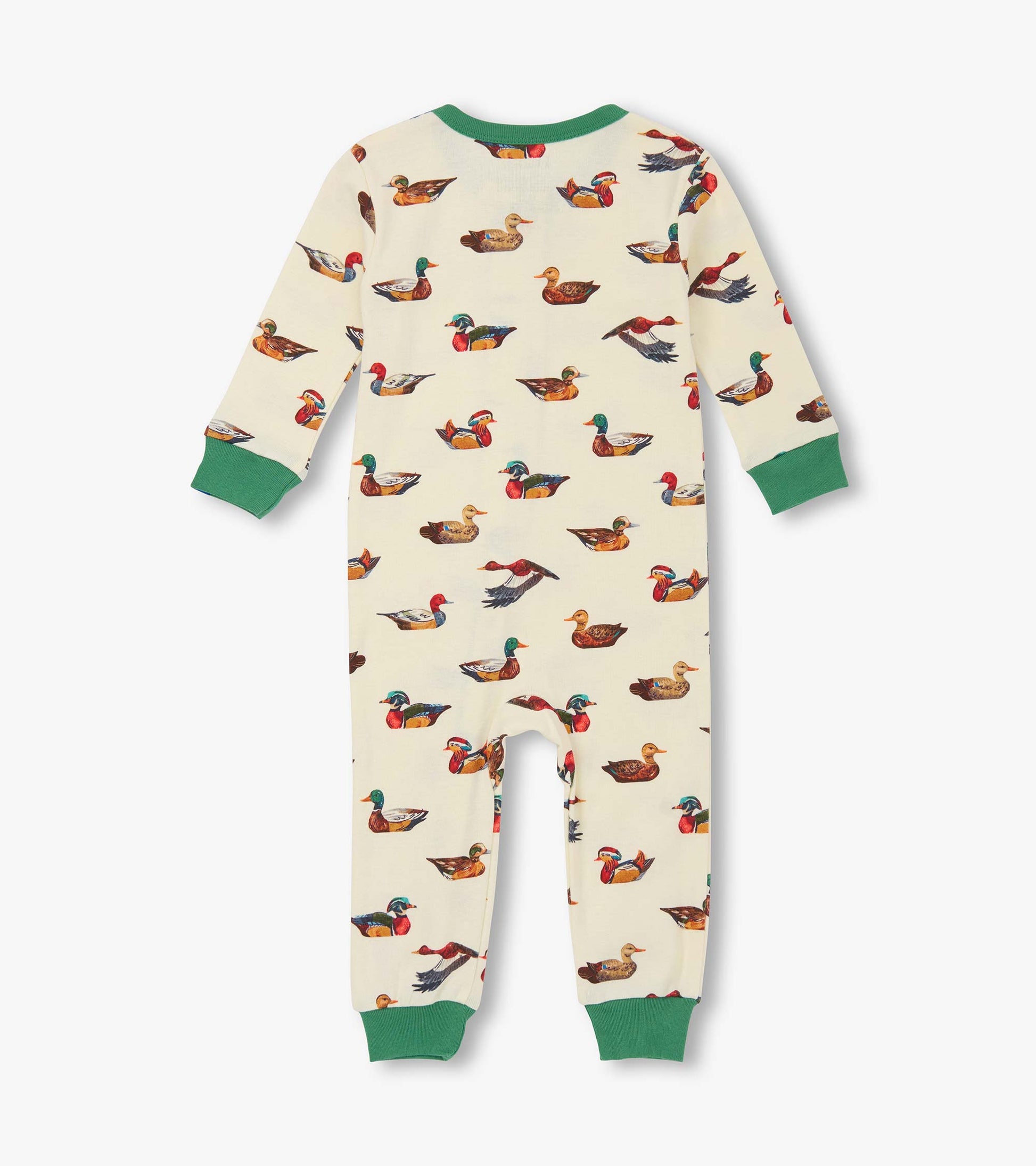 Cotton sleeper for baby boys featuring a duck decoy print, with green cuffs and neckline. Back view shown.