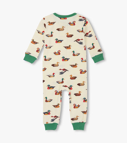 Cotton sleeper for baby boys featuring a duck decoy print, with green cuffs and neckline. Back view shown.