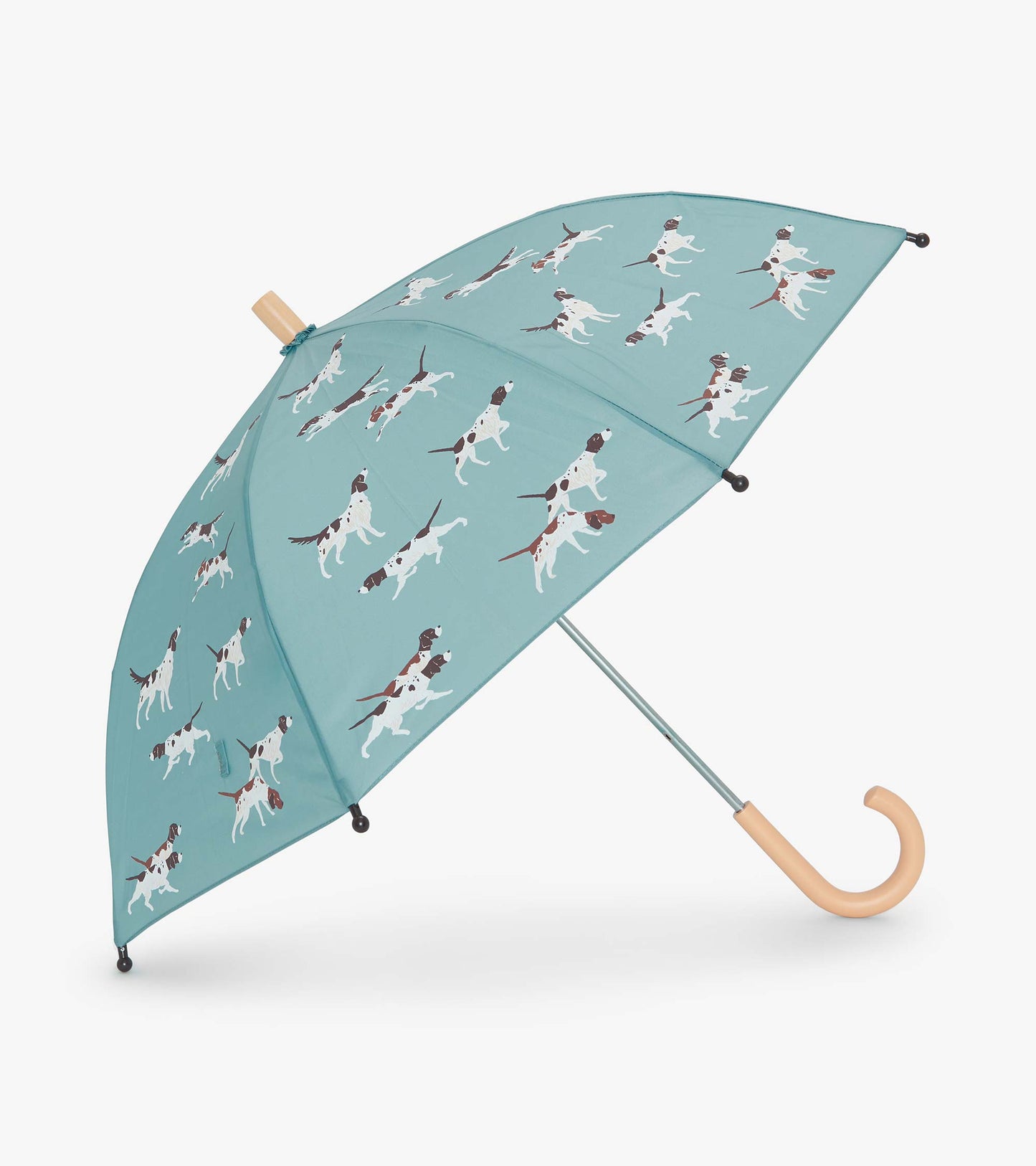 Light blue umbrella featuring playful hunting dog patterns, with a curved wooden handle and metal frame.