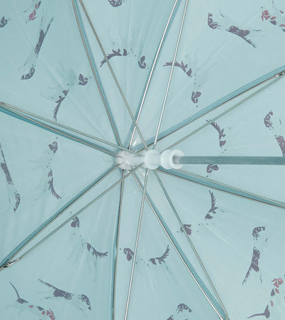 Light blue umbrella featuring playful dog prints, with a sturdy metal frame and a rounded handle.