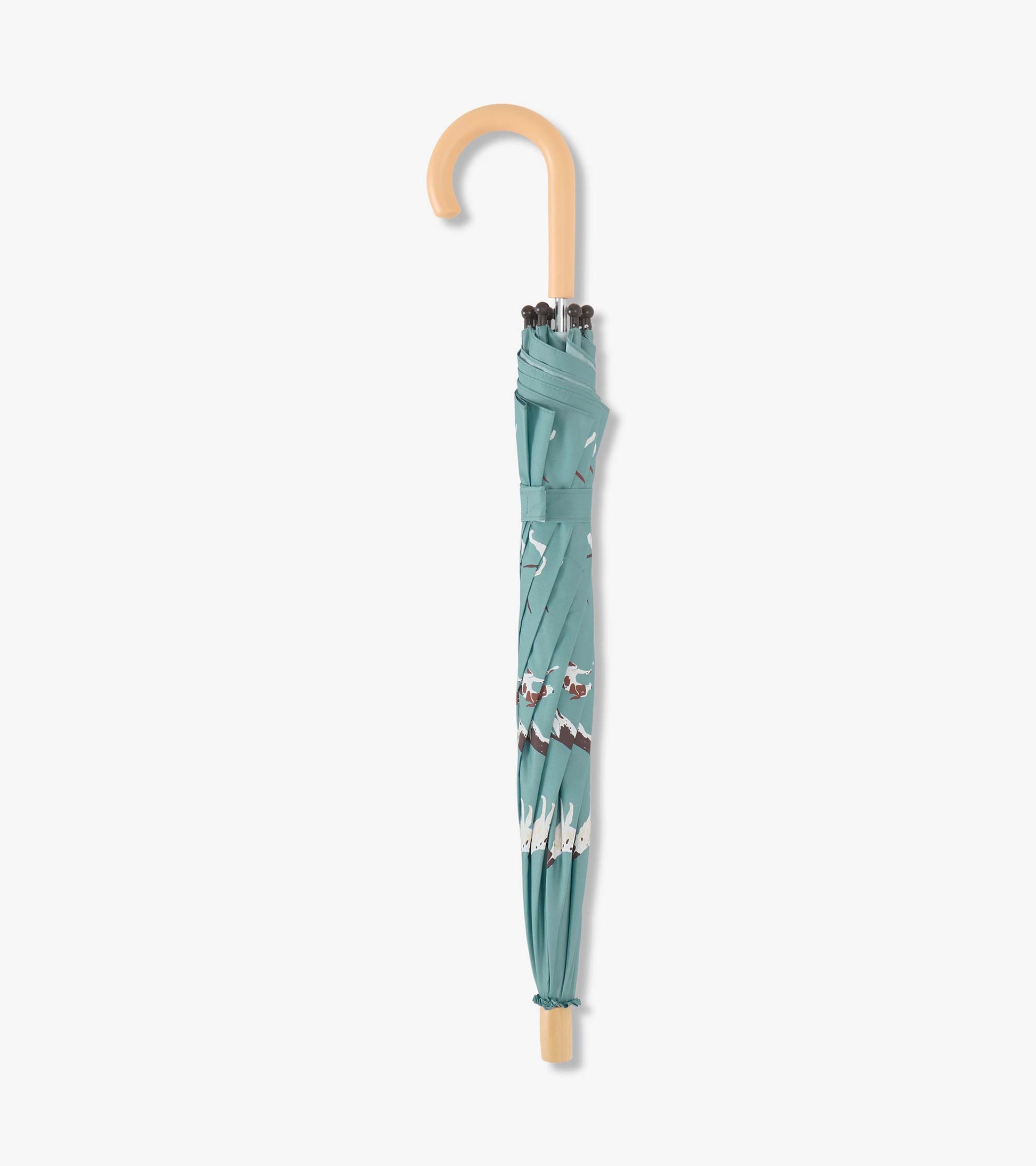 Teal umbrella featuring hunting dog patterns, with a wooden hook handle and a compact design for easy carrying.