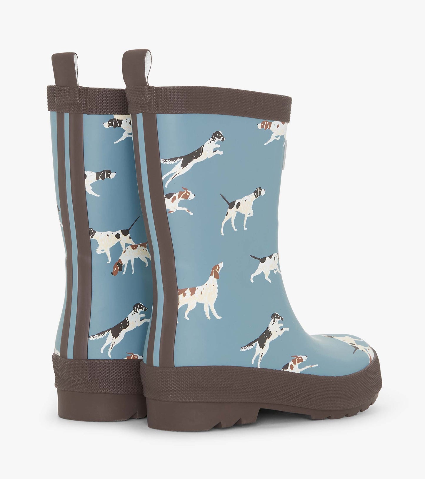 Matte blue rain boots featuring playful dog patterns and brown accents, designed for boys.