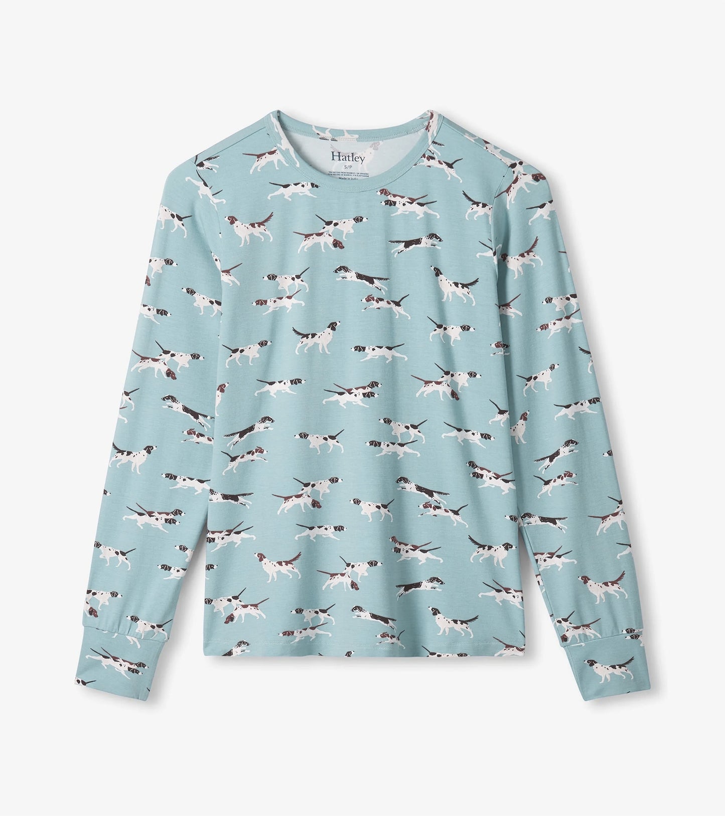 Light blue long-sleeve pajama top featuring a playful dog print in various poses.