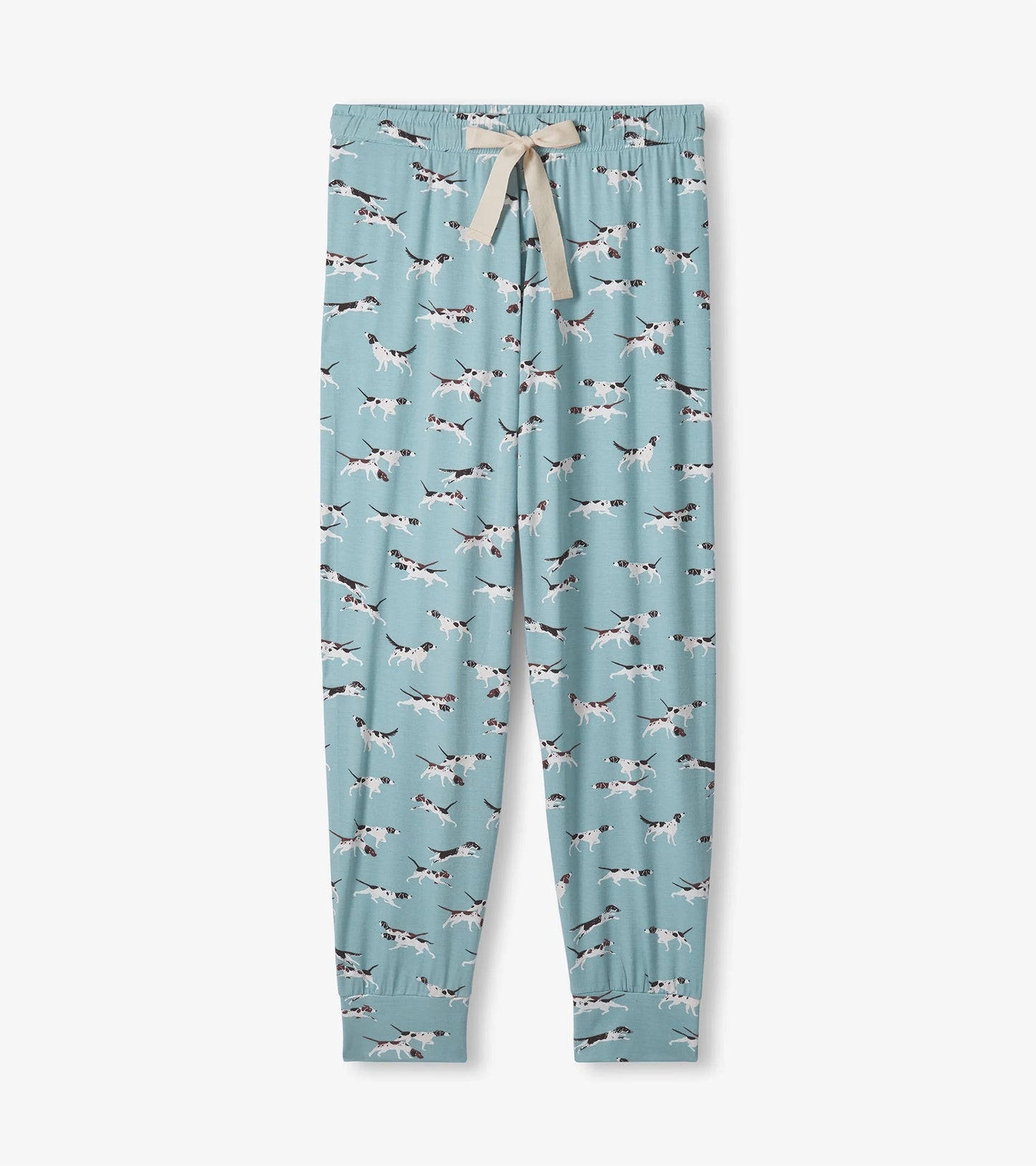 Light blue bamboo pajama set featuring a playful dog print, with an elastic waistband and drawstring tie.