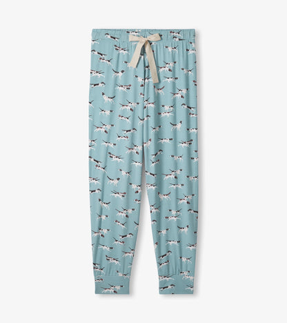 Light blue bamboo pajama set featuring a playful dog print, with an elastic waistband and drawstring tie.