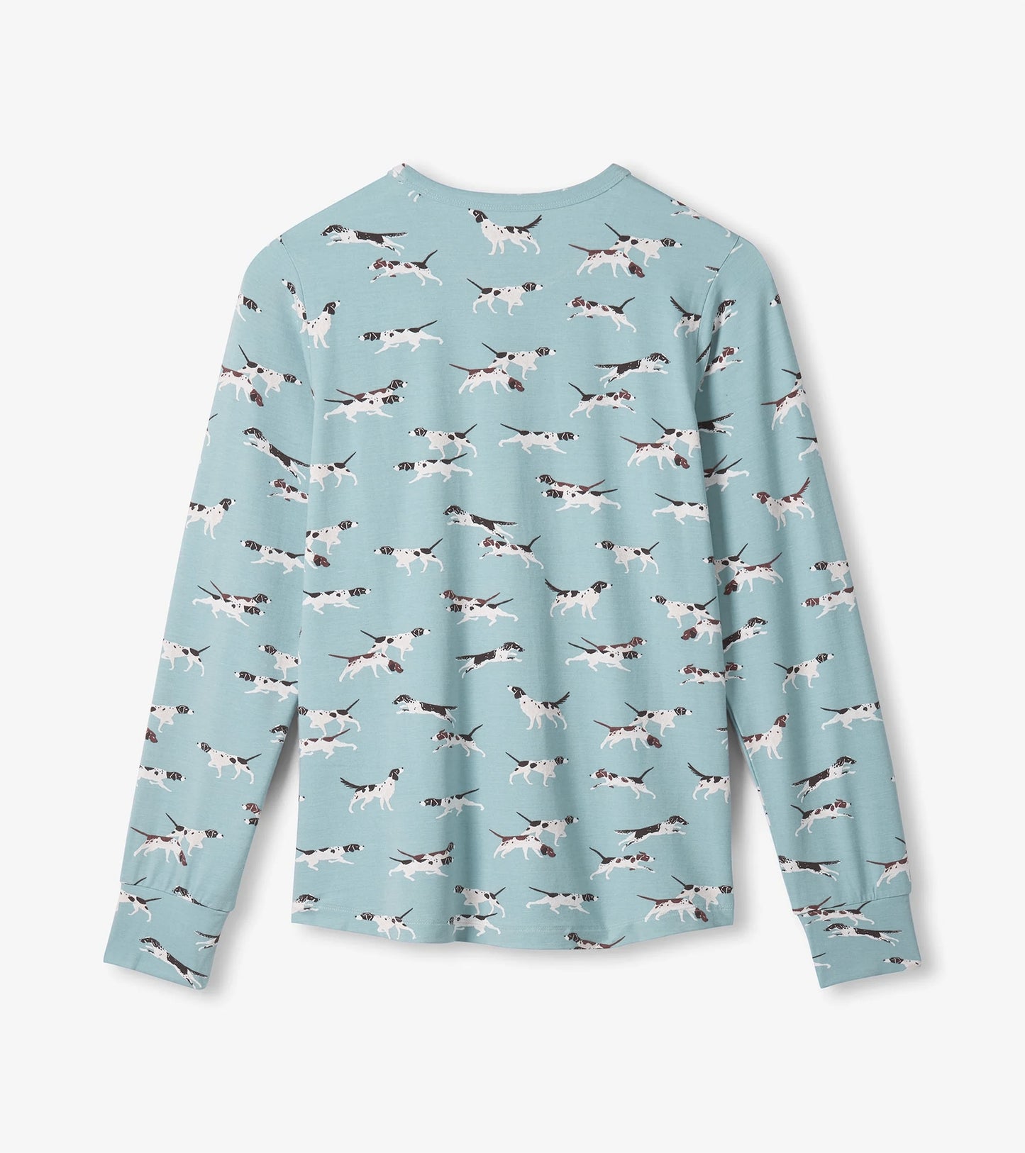 Light blue bamboo pajama set featuring a playful dog print, with long sleeves and a relaxed fit.