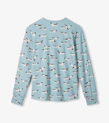 Light blue bamboo pajama set featuring a playful dog print, with long sleeves and a relaxed fit.