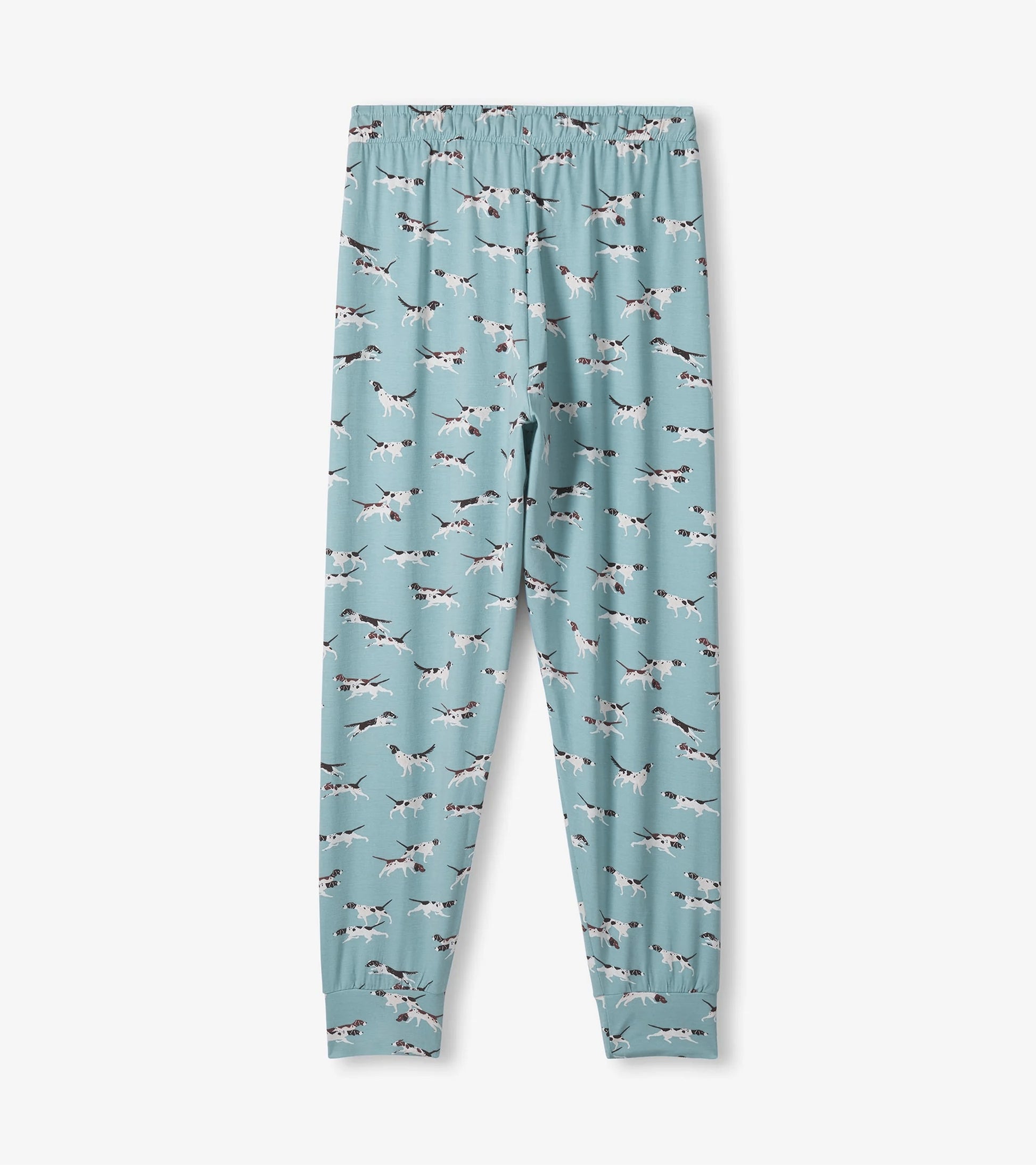 Light blue bamboo pajama pants featuring a playful dog print, with an elastic waistband and fitted cuffs.