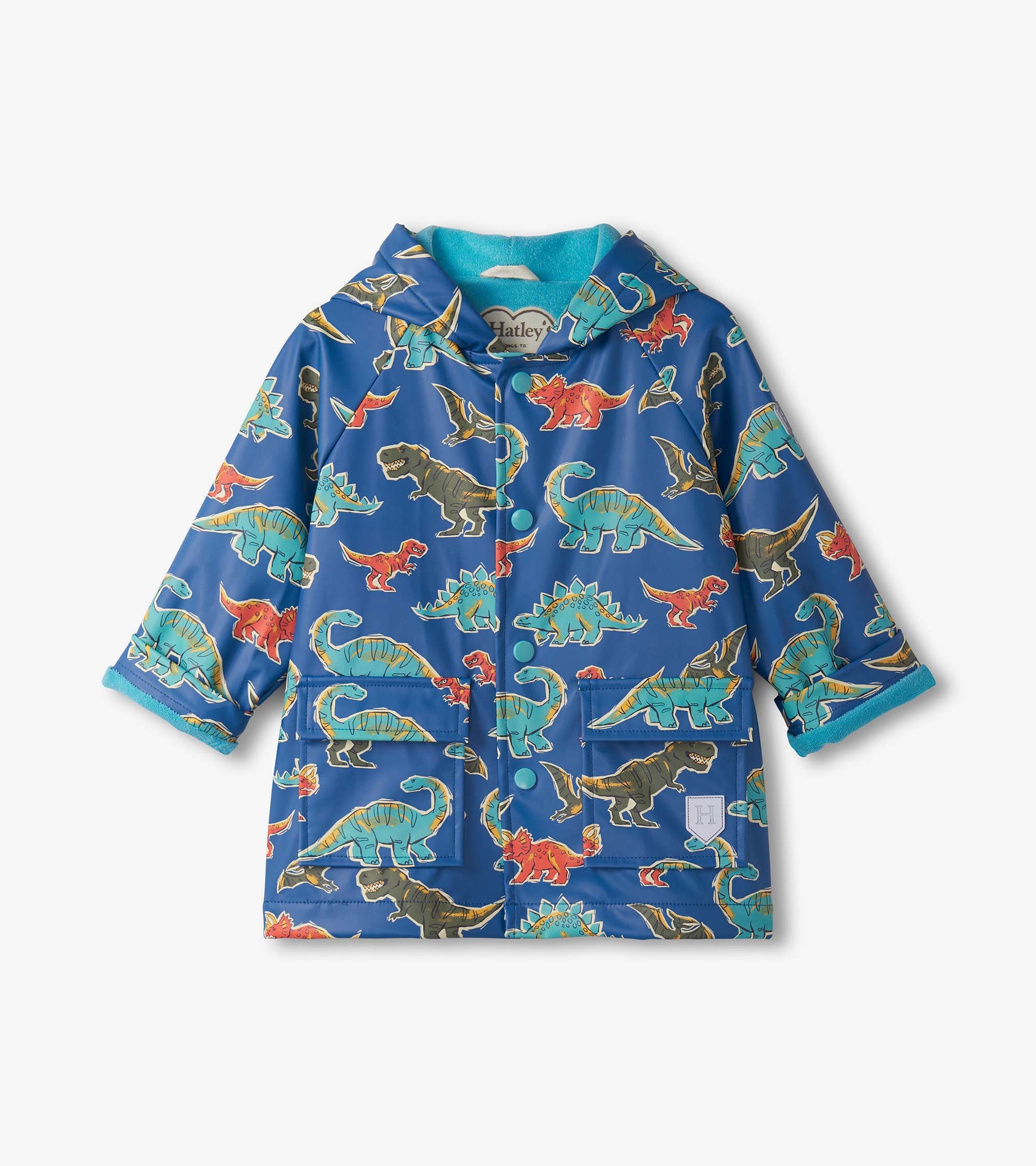 Blue rain jacket featuring colorful dinosaur patterns, with a hood and two front pockets, suitable for baby and toddler boys.
