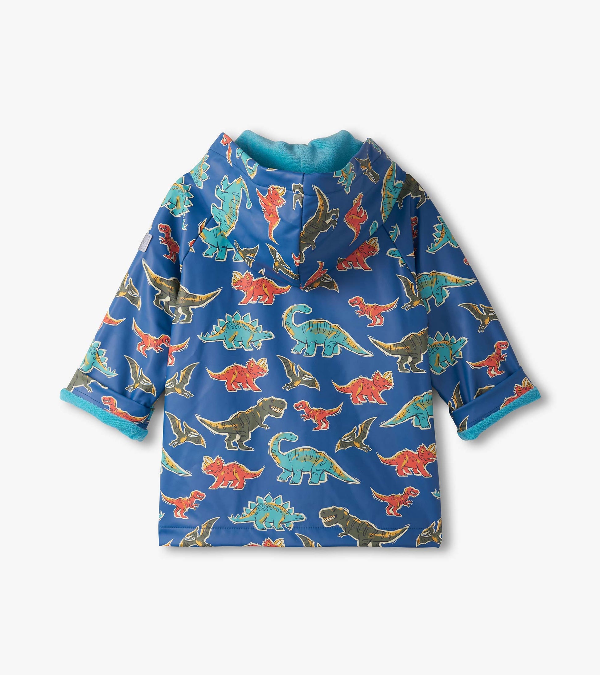 Blue rain jacket featuring colorful dinosaur patterns, with a hood and short sleeves, suitable for baby and toddler boys.