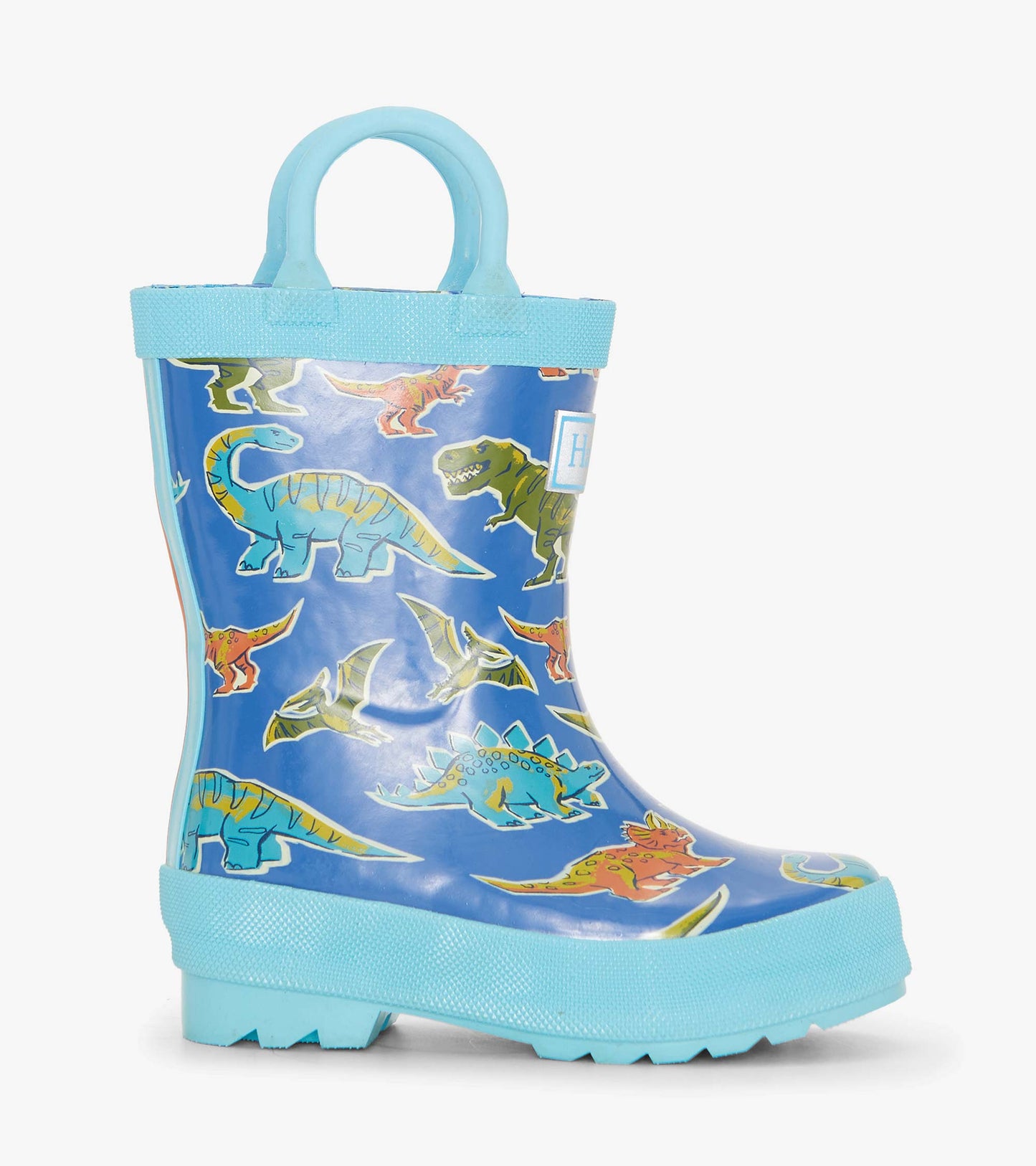Blue rain boots featuring colorful dinosaur patterns, designed for toddlers with a textured sole and easy-grip handles.