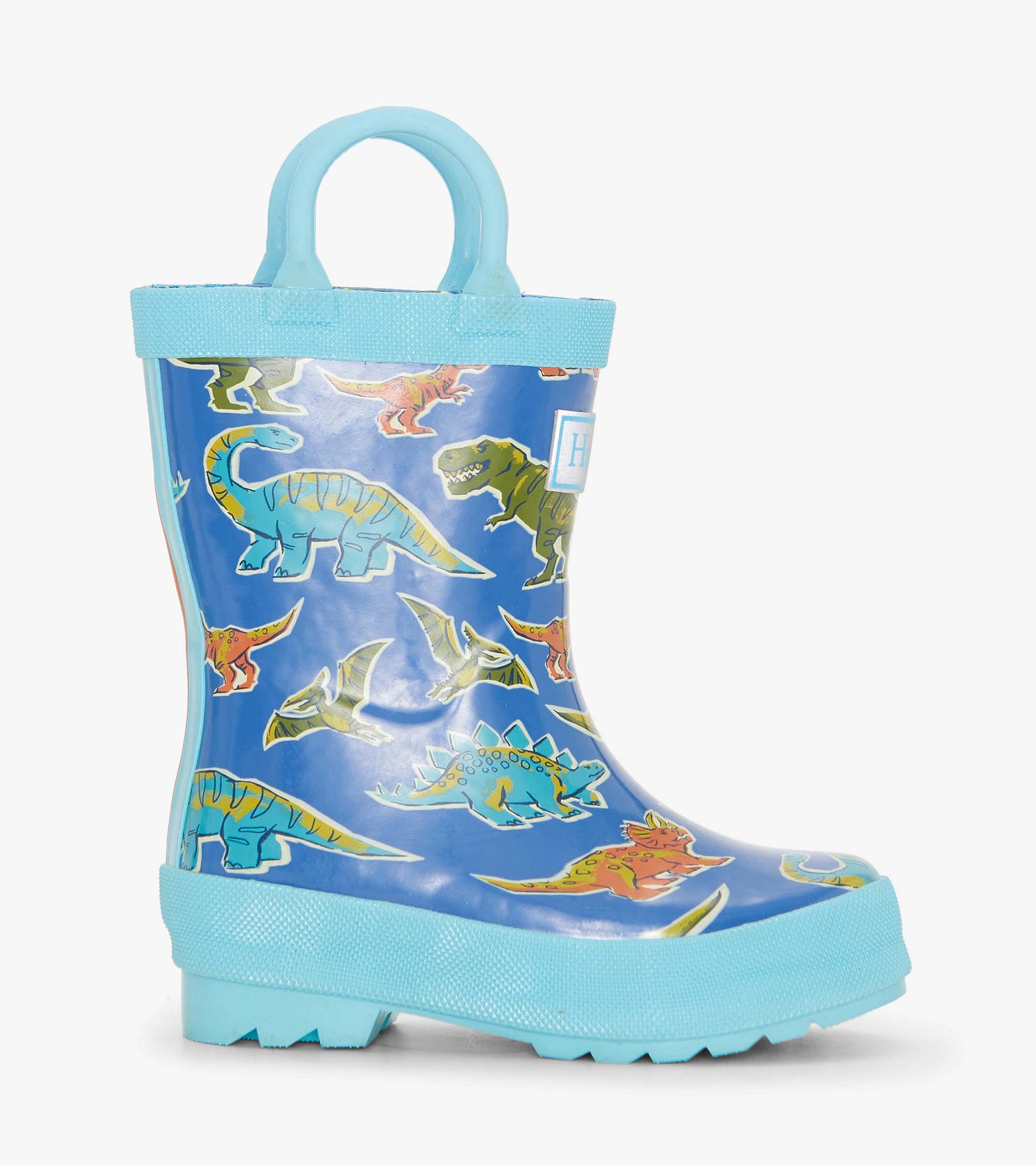 Blue rain boots featuring colorful dinosaur patterns, designed for toddlers with a textured sole and easy-grip handles.