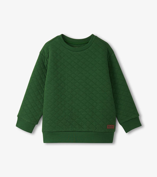 Green quilted pullover with long sleeves and a round neckline, featuring a ribbed hem and cuffs.