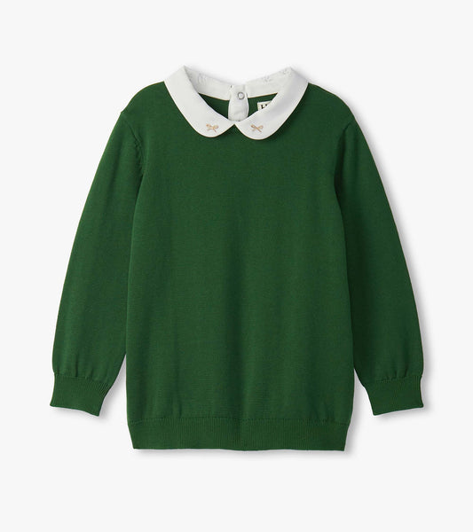 Green sweater with long sleeves and a white collar featuring bow details, suitable for girls.