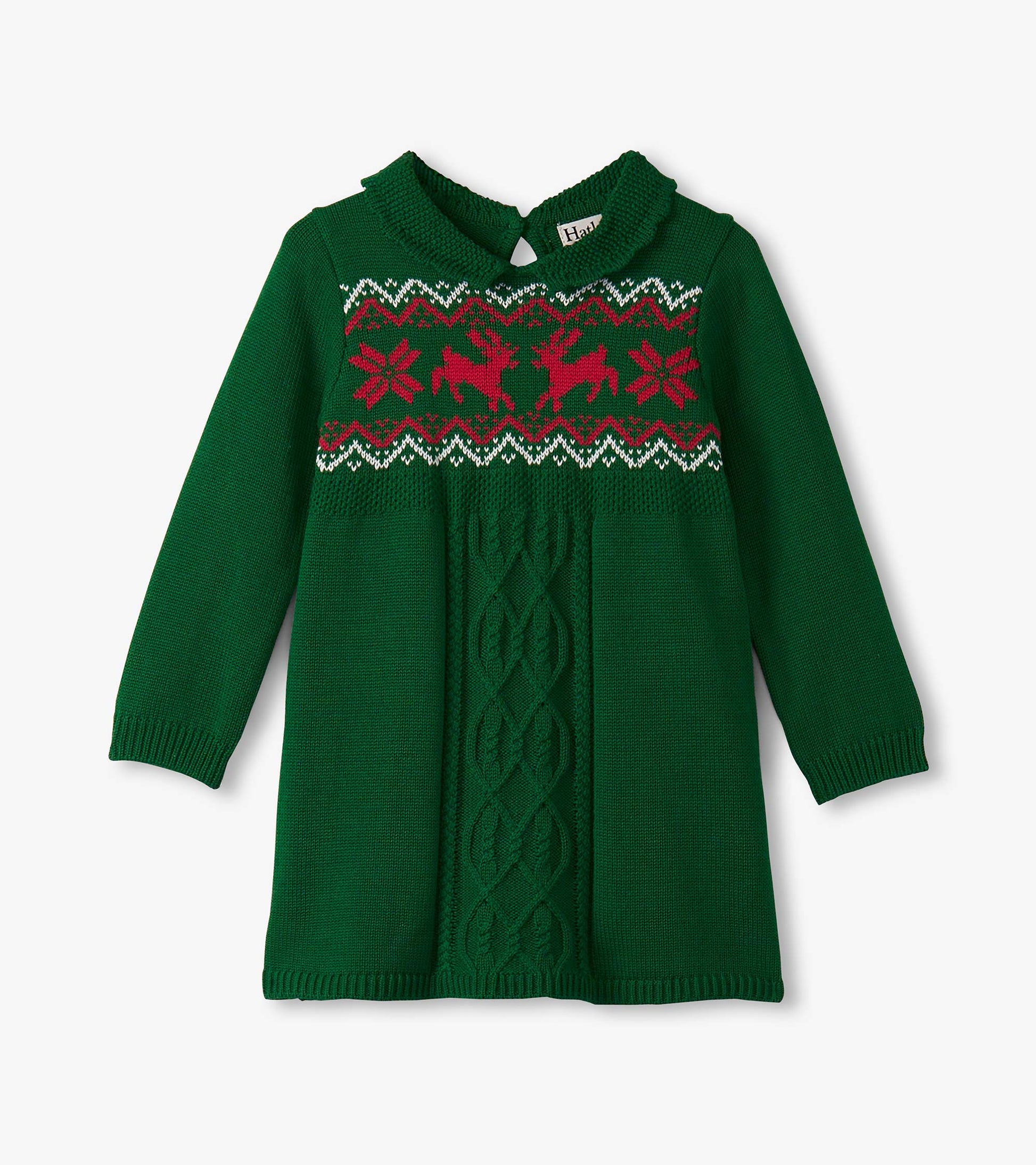 Green cable knit sweater dress with a floral and reindeer pattern, featuring a collared neckline and long sleeves.