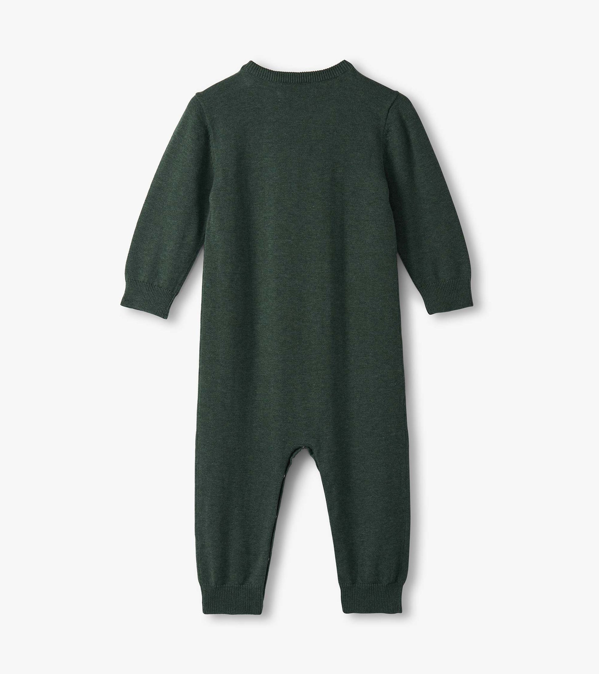 Dark green teddy bear sweater romper for baby boys, featuring long sleeves and a round neckline.