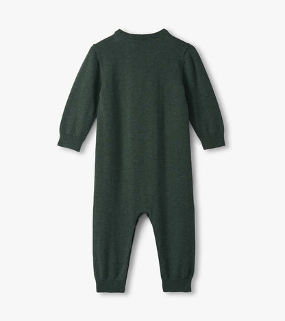 Dark green teddy bear sweater romper for baby boys, featuring long sleeves and a round neckline.