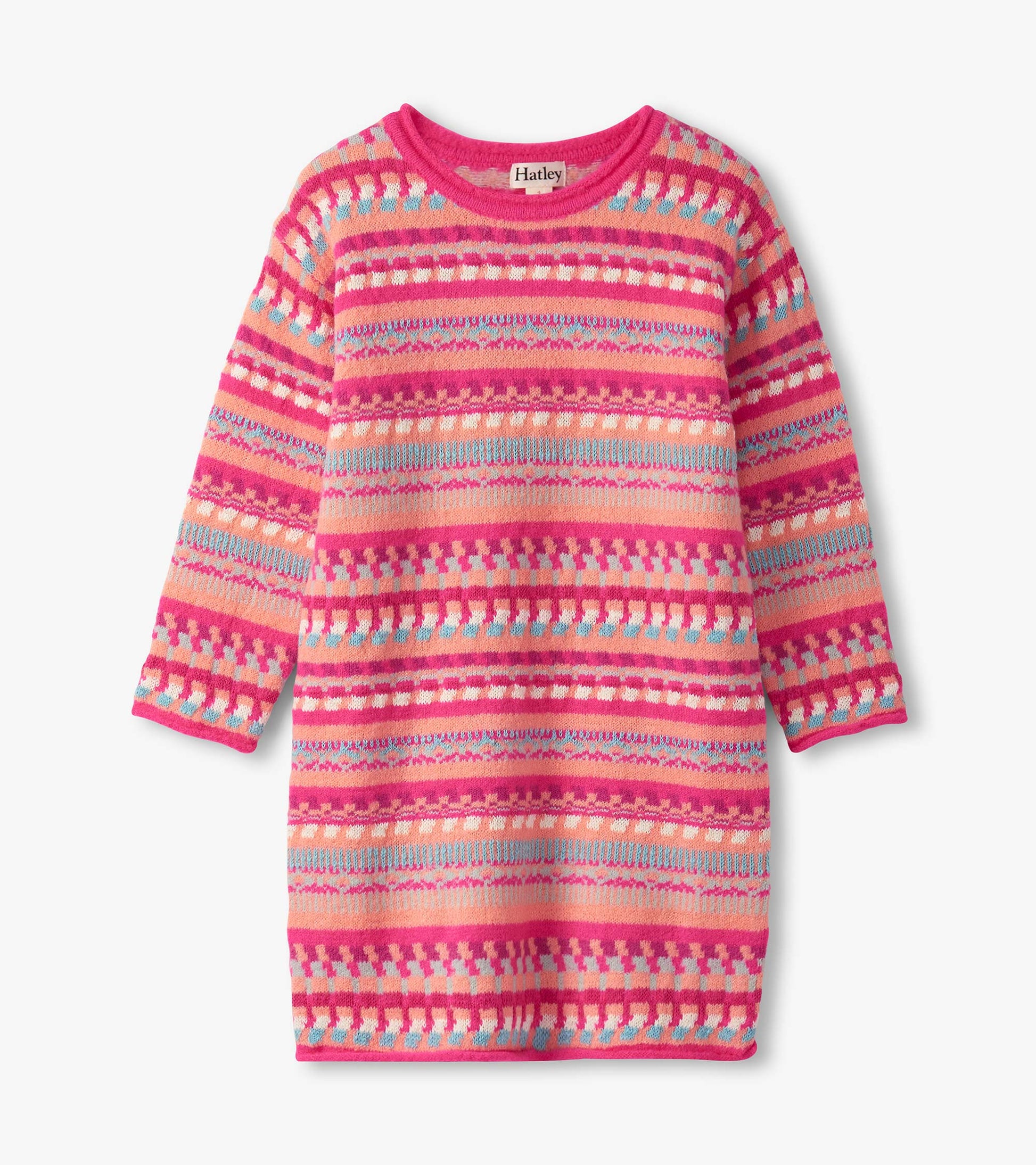 Pink sweater dress featuring a striped pattern in various shades, with long sleeves and a round neckline.