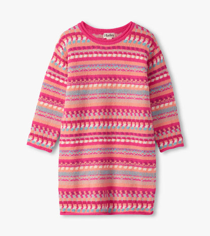 Pink sweater dress featuring a striped pattern in various shades, with long sleeves and a round neckline.