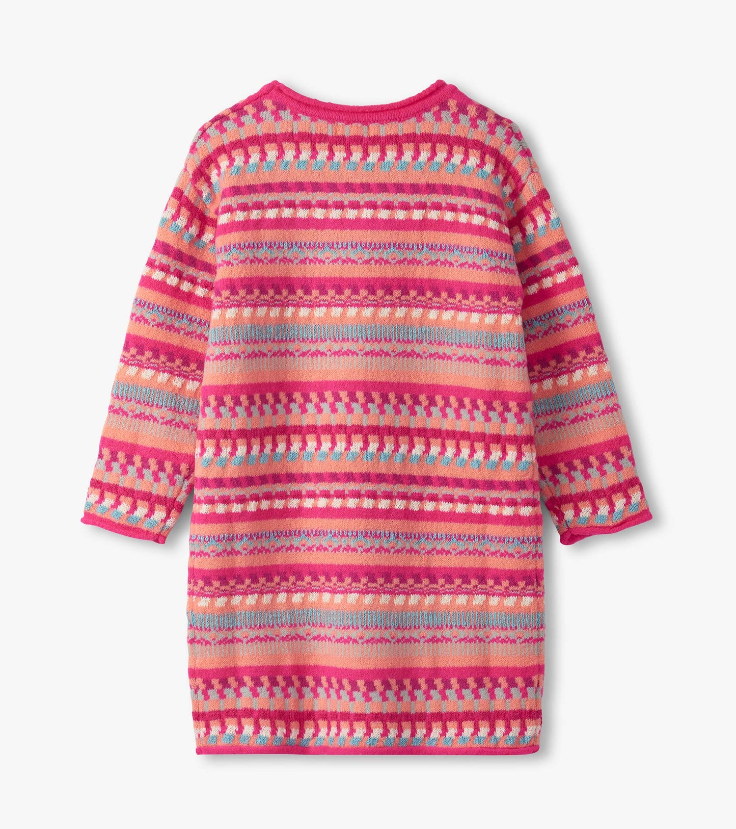 Pink sweater dress featuring sunset stripes in various colors, with long sleeves and a round neckline.