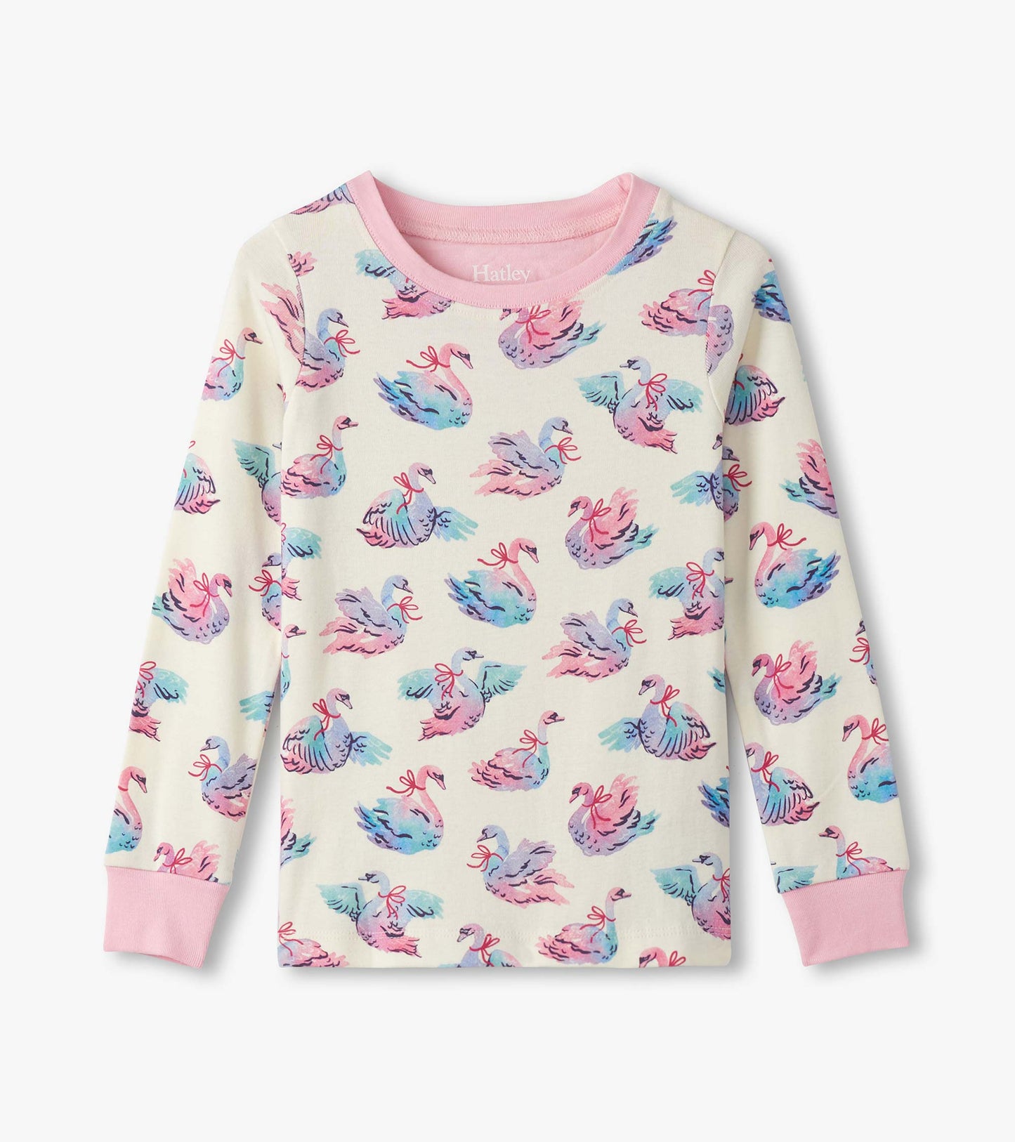 Long-sleeve cotton pajama top featuring a whimsical swan print in pastel colors on a cream background.