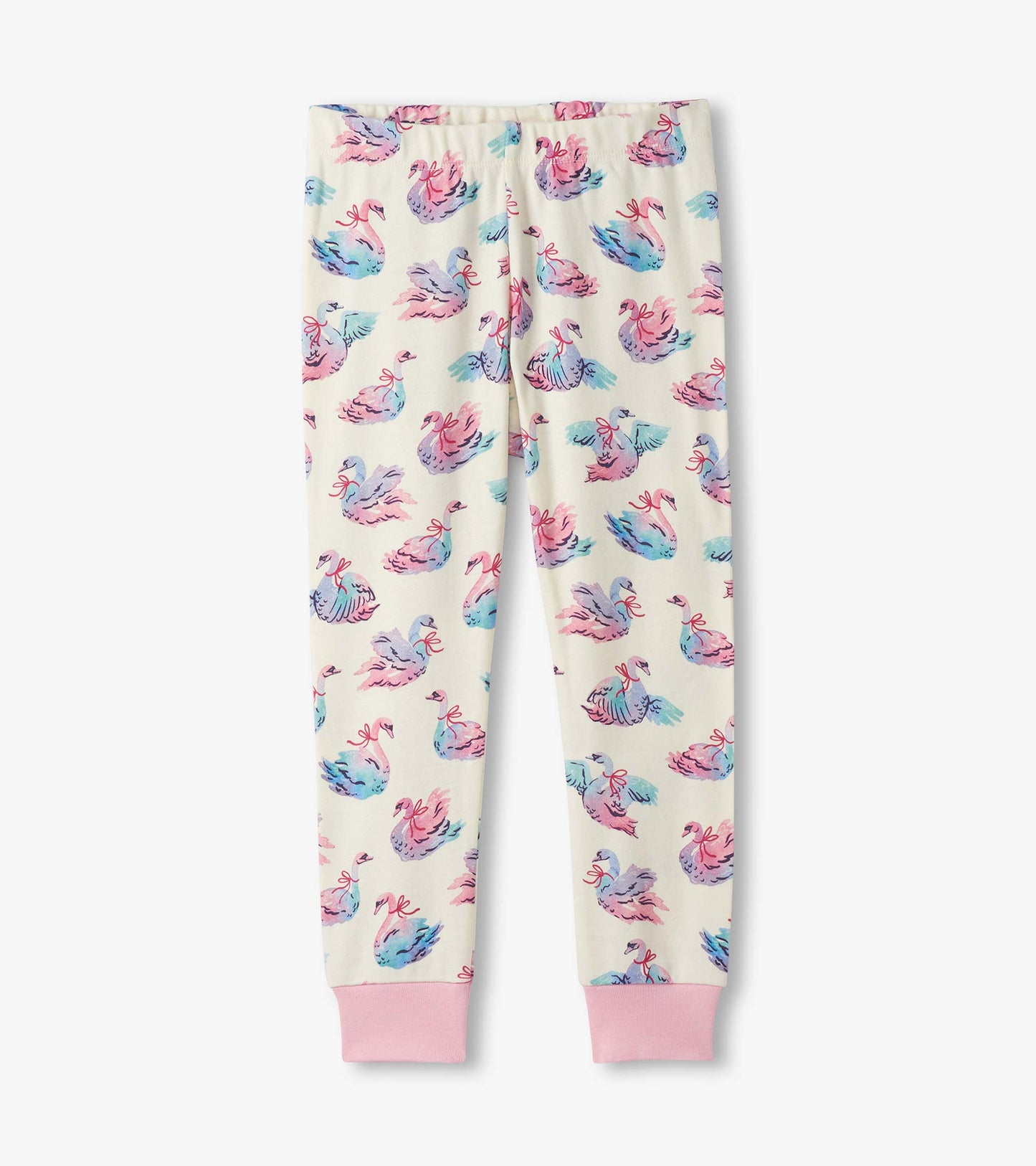 Cotton pajama pants featuring a pastel swan print on a cream background with pink cuffs. Ideal for sleepwear.