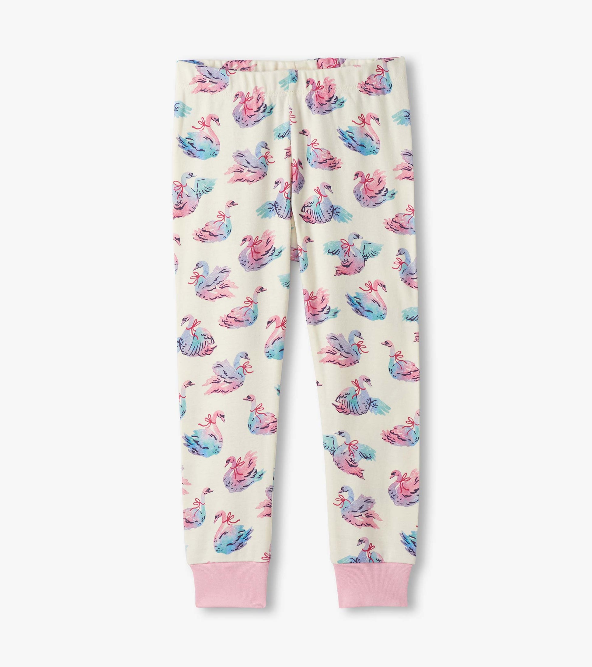 Cotton pajama pants featuring a pastel swan print on a cream background with pink cuffs. Ideal for sleepwear.